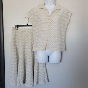 Alfred Weber Vintage Women's Two Piece Blouse Maxi Skirt Set Beige White Knit M